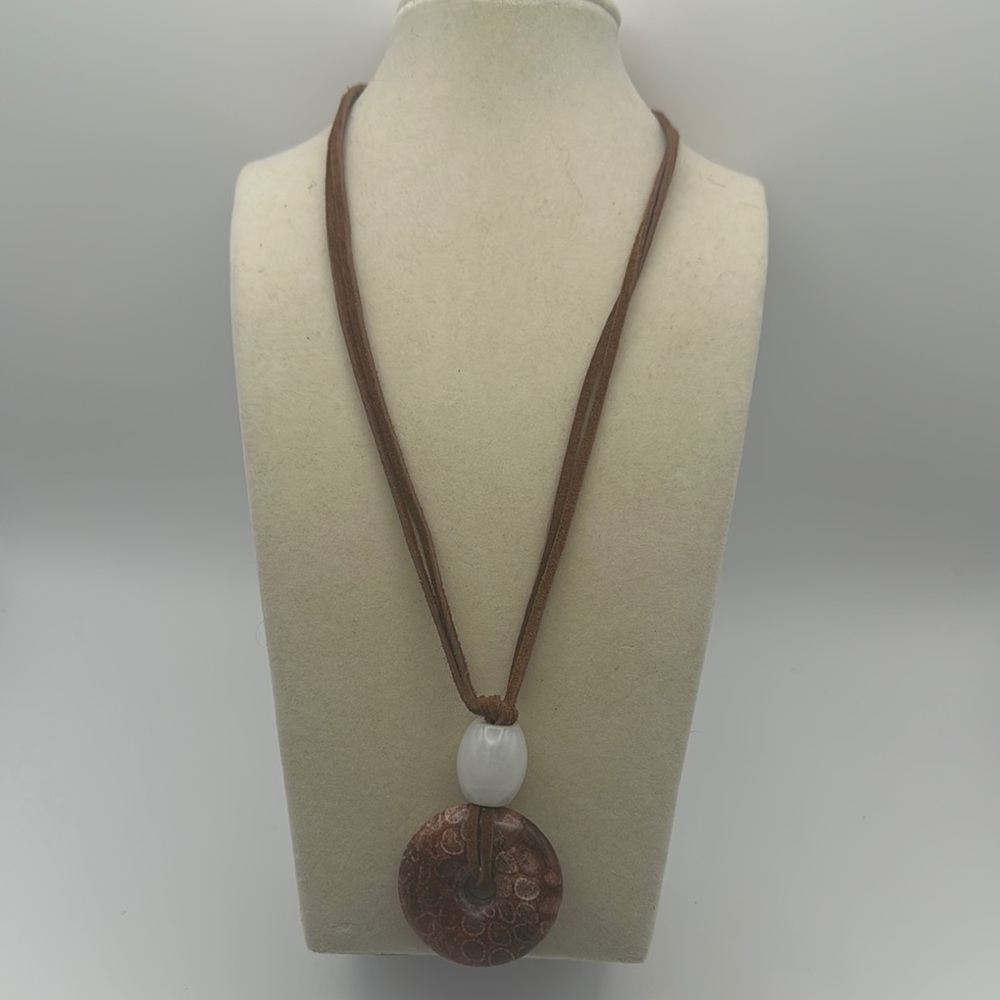Coral Fossil Jade Donut Pendant Necklace - Picture 2 of 9
